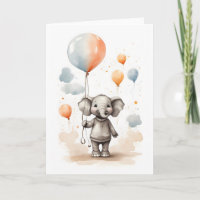Cute Watercolor Elephant Red Blue Balloons Blank