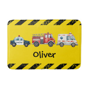 Cute Watercolor Emergency Vehicles Bath Mat
