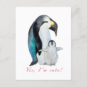 Cute watercolor emperor penguins postcard