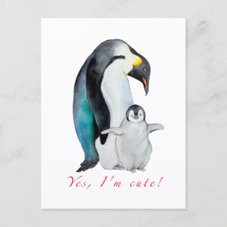 Cute watercolor emperor penguins postcard