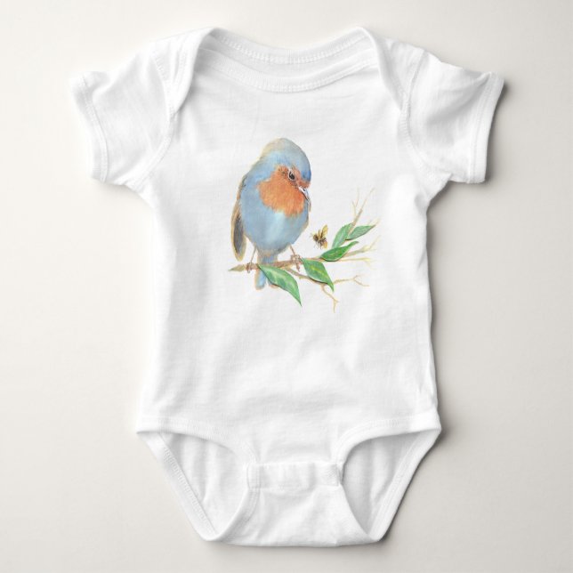 Cute Watercolor English Robin Birds & Bee  Baby Bodysuit (Front)