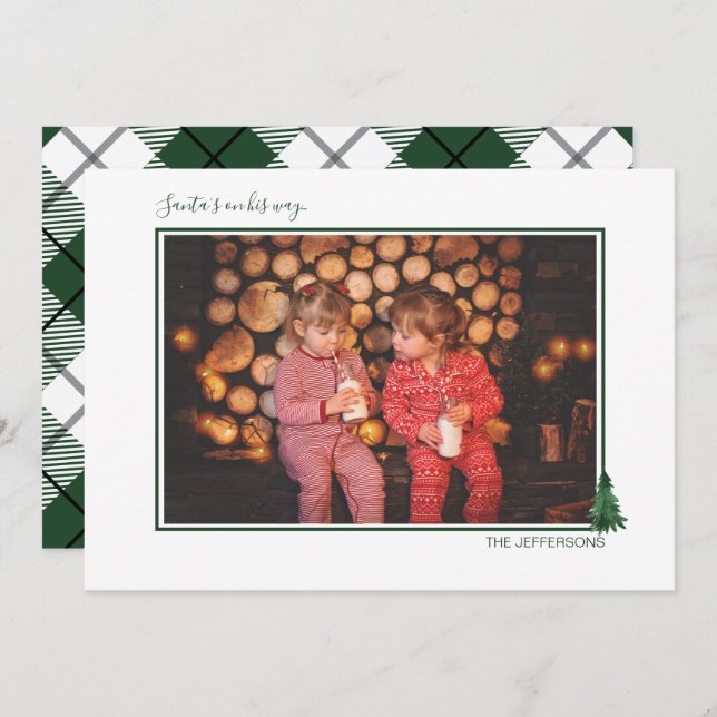 Cute Watercolor Evergreen & Plaid Holiday Card (Front/Back)