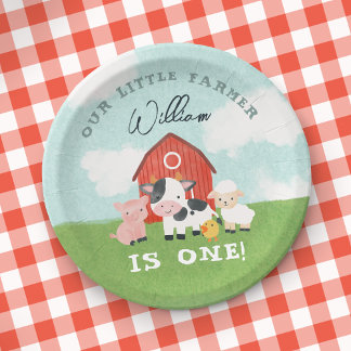 Cute Watercolor Farm Animal Kids Birthday Paper Plate