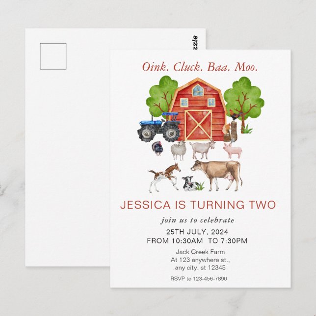 Cute Watercolor Farm Animals Kids Birthday Postcard (Front/Back)