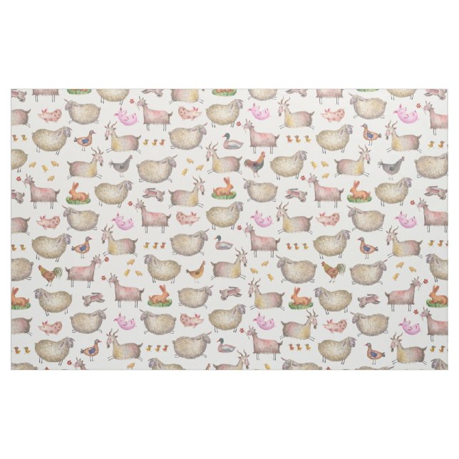 Cute Watercolor Farm Barn Animals Pattern Fabric (Yard)