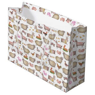 Cute Watercolor Farm Barn Animals Pattern Large Gift Bag