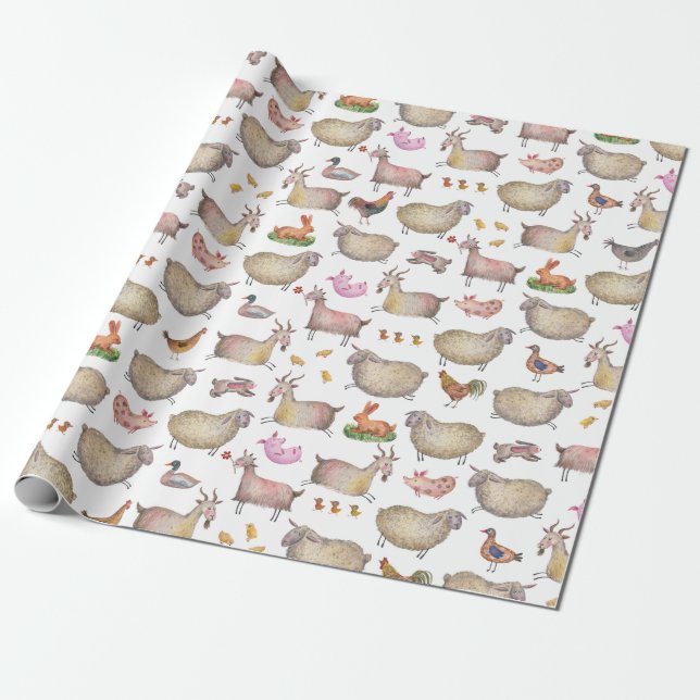Cute Watercolor Farm Barn Animals Pattern Wrapping Paper (Unrolled)