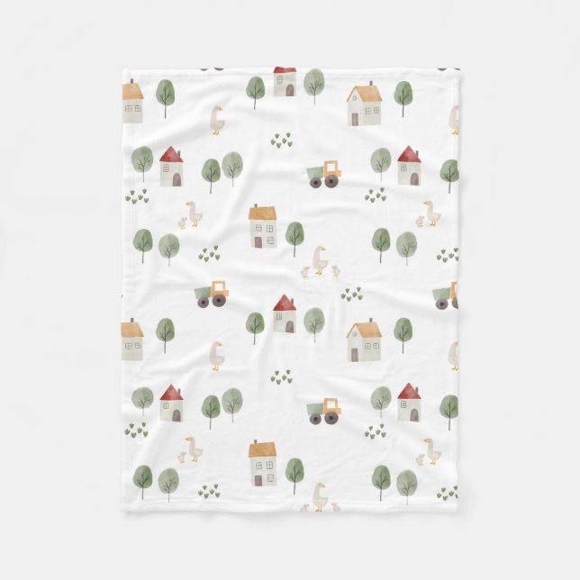 Cute Watercolor Farm Pattern Fleece Blanket (Front)