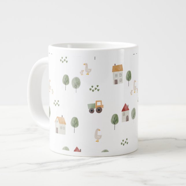 Cute Watercolor Farm Pattern Large Coffee Mug (Front Left)