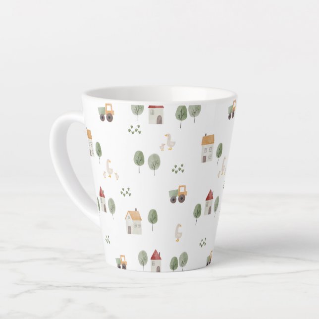 Cute Watercolor Farm Pattern Latte Mug (Left Angle)