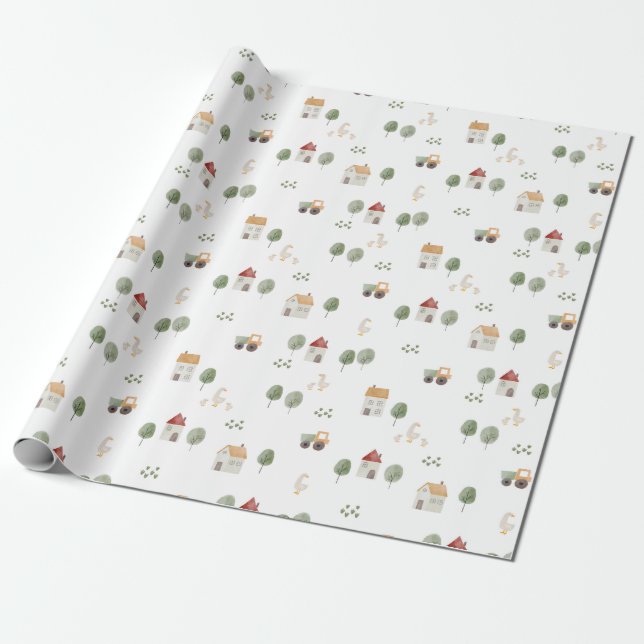 Cute Watercolor Farm Pattern Wrapping Paper (Unrolled)