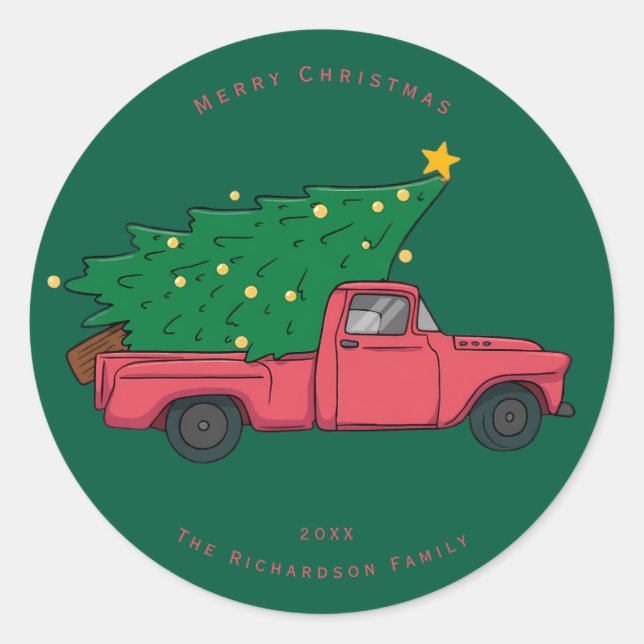Cute Watercolor Farm Truck Christmas Tree  Classic Round Sticker (Front)