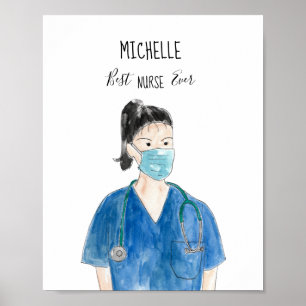 Cute Watercolor Female Nurse Black Hair Custom Poster