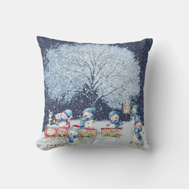 Cute Watercolor Festive Snowmen  Cushion (Front)