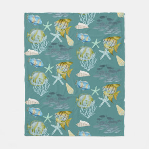 Cute Watercolor Fish Shells Coral Fleece Blanket