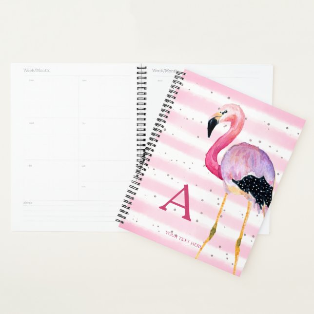 Cute Watercolor Flamingo Monogram Pink Stripe Planner (Display)