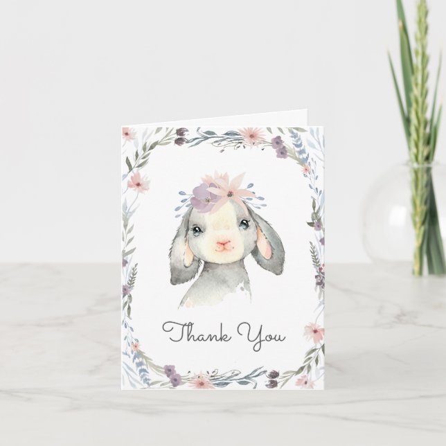 Cute Watercolor Floral Baby Lamb Thank You Card (Front)