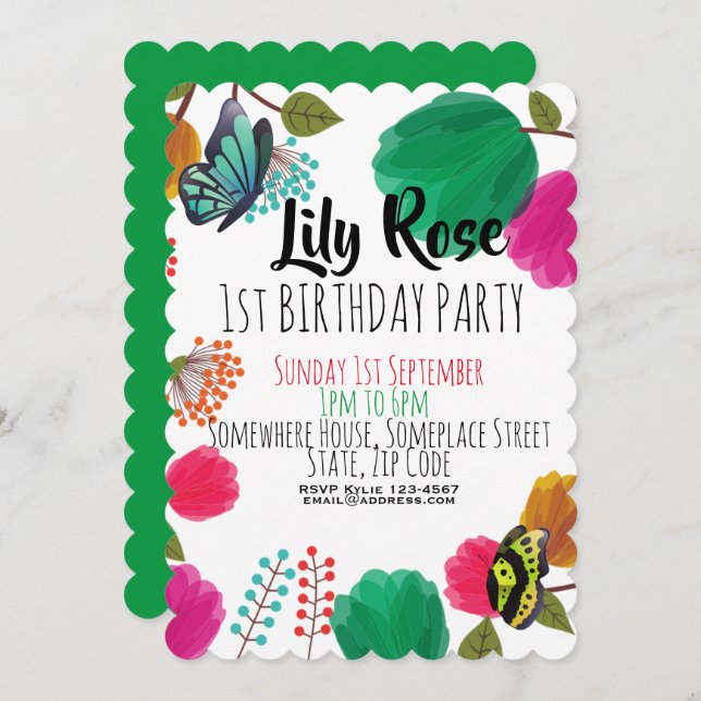 Cute Watercolor Floral Butterfly Birthday Invite (Front/Back)