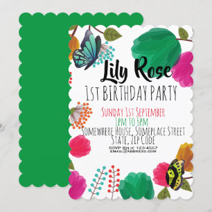 Cute Watercolor Floral Butterfly Birthday Invite