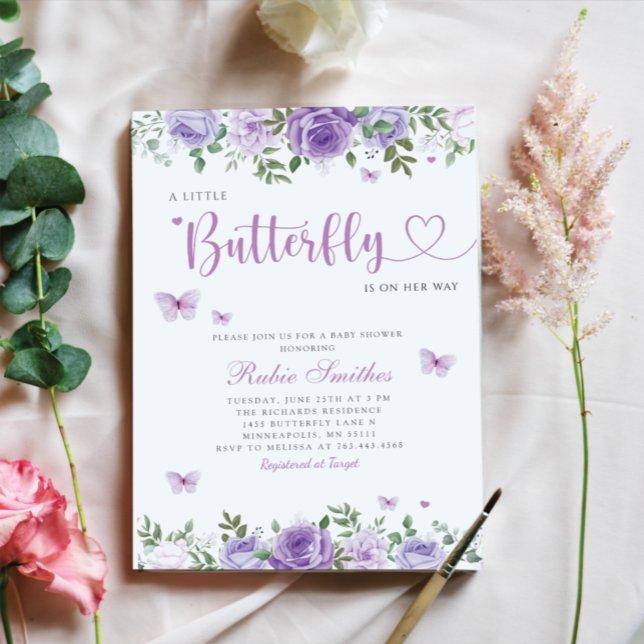 Cute Watercolor Floral Butterfly Girl Baby Shower  Invitation (Creator Uploaded)
