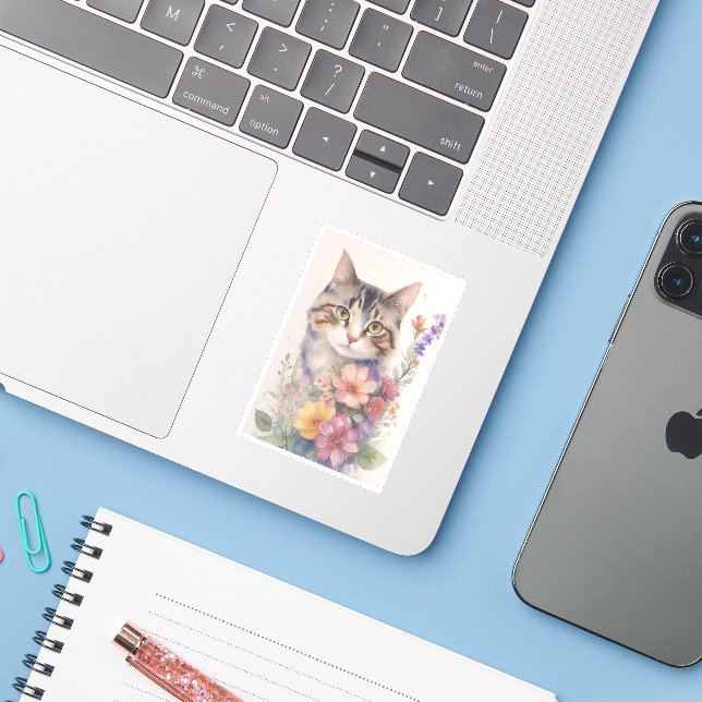 Cute Watercolor Floral Cat (Laptop w/ iPhone)