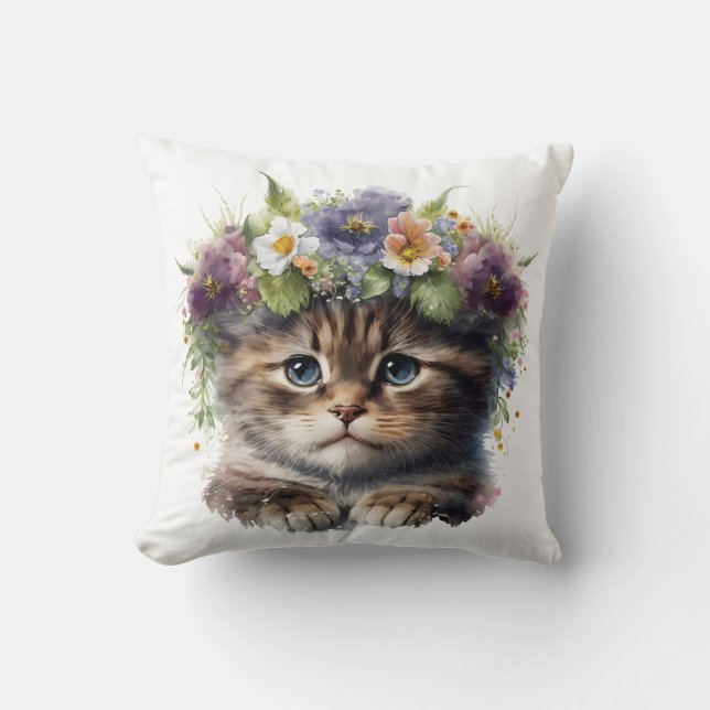 Cute Watercolor Floral Cat Cushion (Front)
