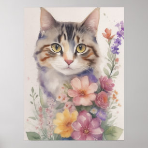Cute Watercolor Floral Cat Poster