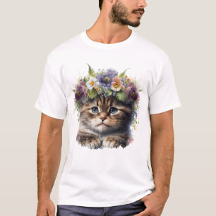 Cute Watercolor Floral Cat T-Shirt