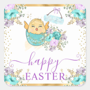 Cute Watercolor Floral Chick and Eggs Easter Square Sticker