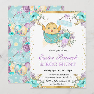 Cute Watercolor Floral Chick in Egg Easter Brunch Invitation