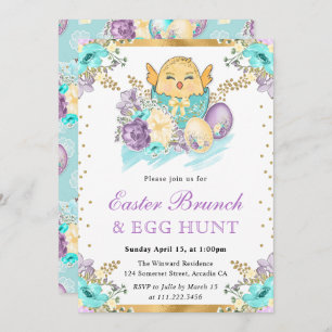 Cute Watercolor Floral Chick in Egg Easter Brunch Invitation