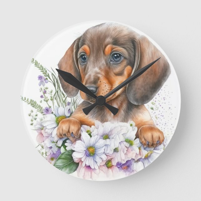 Cute Watercolor Floral Dachshund Puppy Dog      Round Clock (Front)