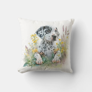Cute Watercolor Floral Dalmatian Puppy Dog Cushion