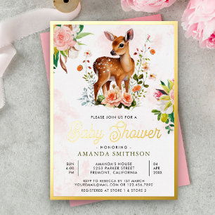 Cute Watercolor Floral Deer Baby Shower Gold