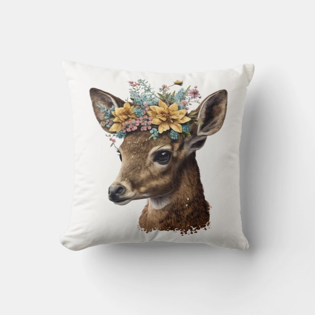 Cute Watercolor Floral Deer Cushion (Front)