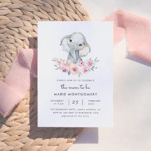 Cute Watercolor Floral Elephant Girl Baby Shower Invitation