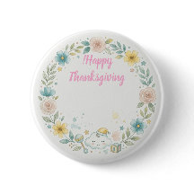 Cute Watercolor Floral Happy Thanksgiving Button