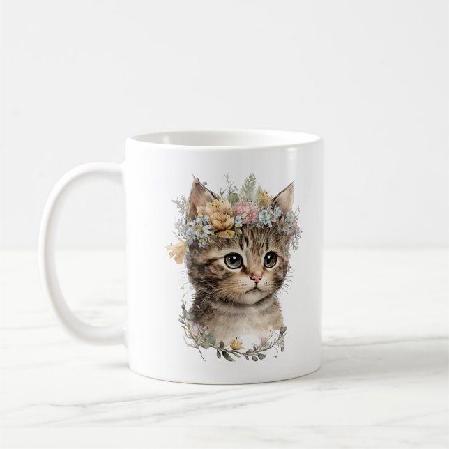 Cute Watercolor Floral Kitten Coffee Mug (Left)