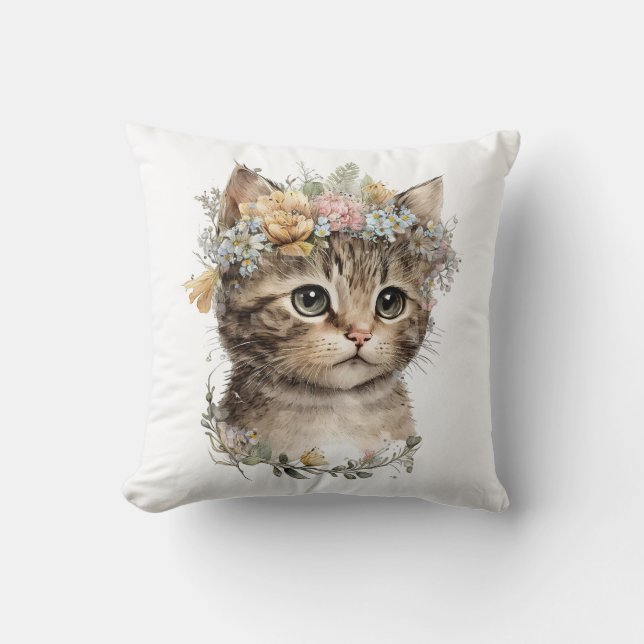 Cute Watercolor Floral Kitten Cushion (Front)