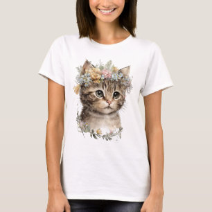 Cute Watercolor Floral Kitten T-Shirt