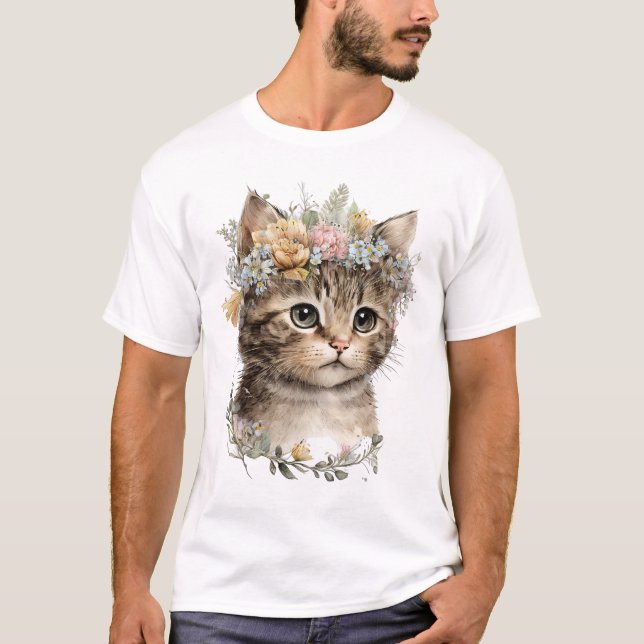 Cute Watercolor Floral Kitten T-Shirt (Front)