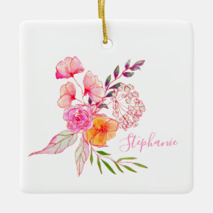 Cute Watercolor Floral Pink Typography Name Ceramic Ornament