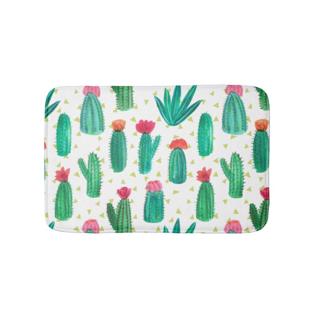 Cute Watercolor Flowering Cactus Pattern Bath Mat (Front)