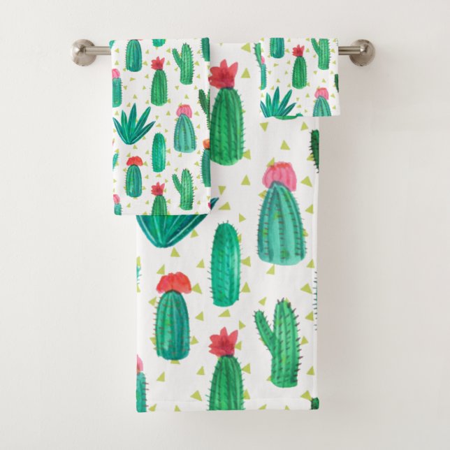 Cute Watercolor Flowering Cactus Pattern Bath Towel Set (Insitu)