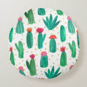 Cute Watercolor Flowering Cactus Pattern Round Cushion