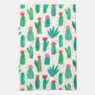 Cute Watercolor Flowering Cactus Pattern Tea Towel