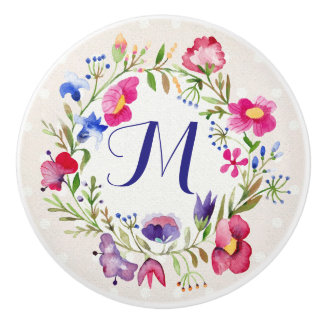 Cute Watercolor Flowers Floral Fine Monogram Ceramic Knob