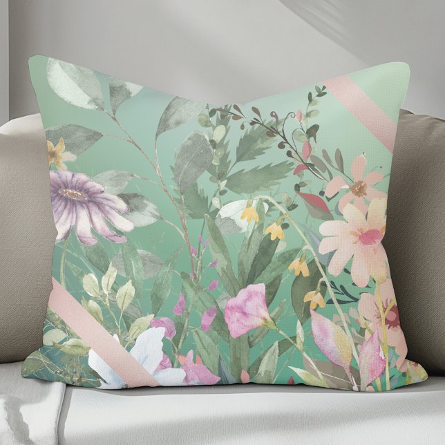 Cute Watercolor Flowers With Sage Green Background Cushion (Creator Uploaded)