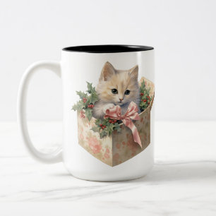 CUTE WATERCOLOR FLUFFY CHRISTMAS KITTEN Two-Tone COFFEE MUG