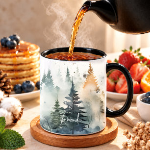 Cute watercolor foggy pine forest Christmas Mug